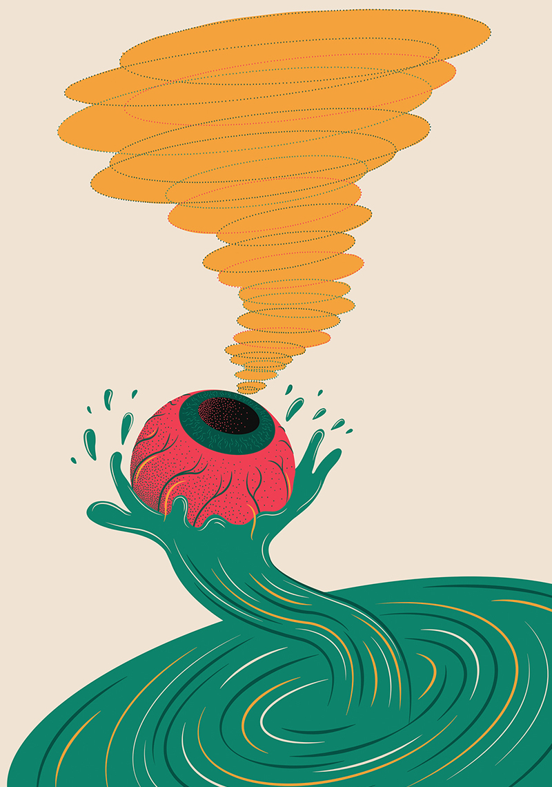 Illustration of an eyeball swirling in a sandstorm